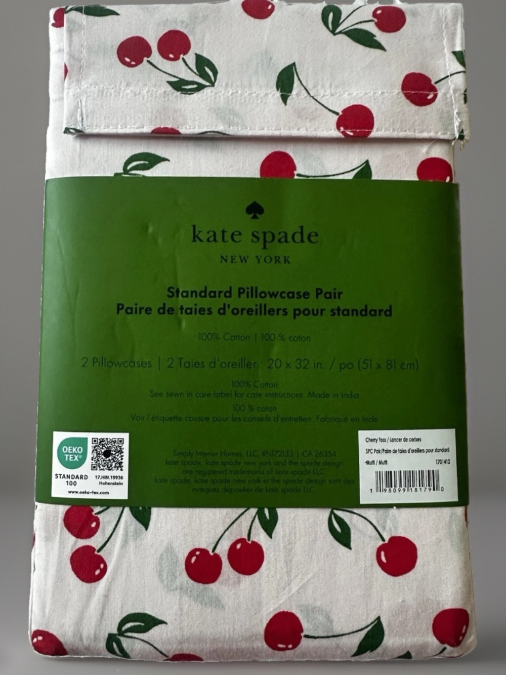 Kate Spade cream pillowcase pair with cherry print NWT